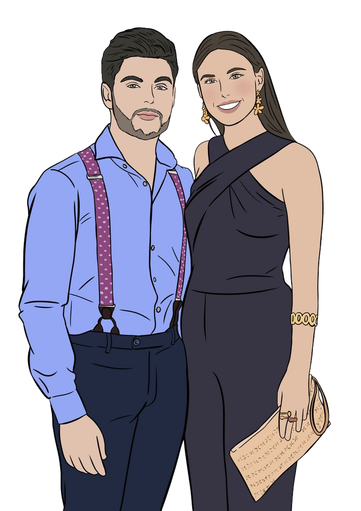 Ilustración de pareja elegante vestida para evento formal.