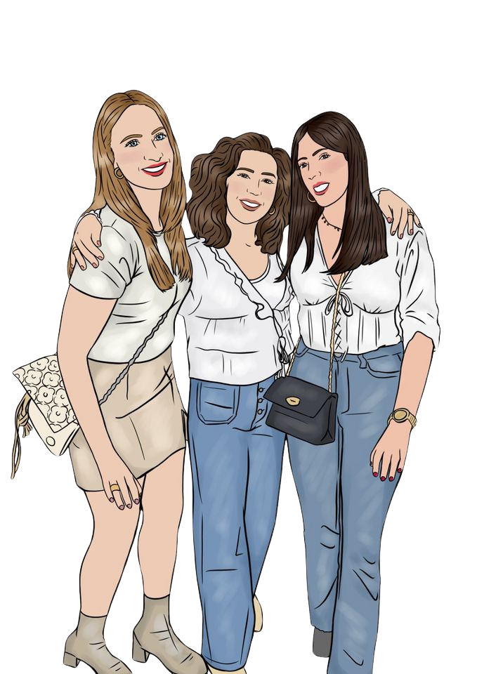 Ilustración de grupo de tres mujeres jóvenes posando juntas.