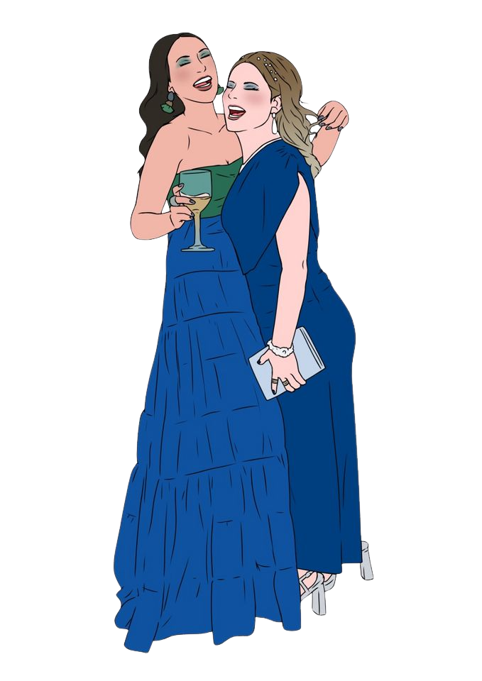 Ilustración de mujer con vestido azul largo brindando con una copa.