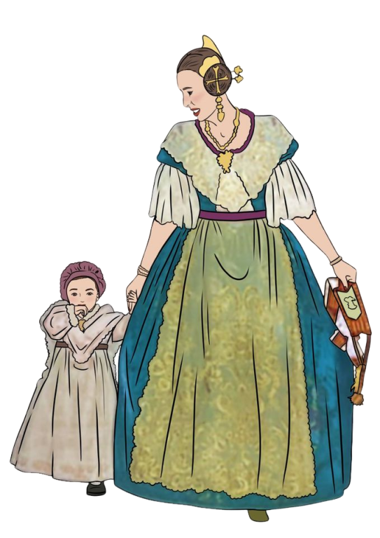 Ilustración de mujer con vestido tradicional acompañada de una niña.