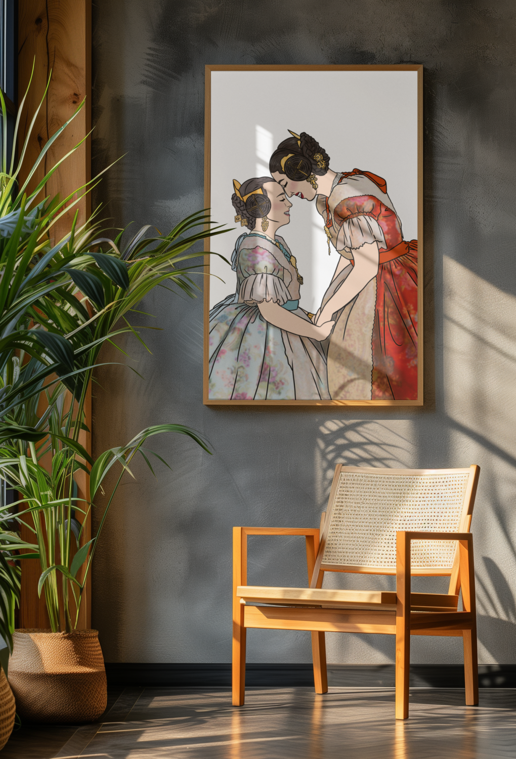 ai-generated-mockup-featuring-a-vertical-art-print-placed-next-to-indoor-plants-m38953